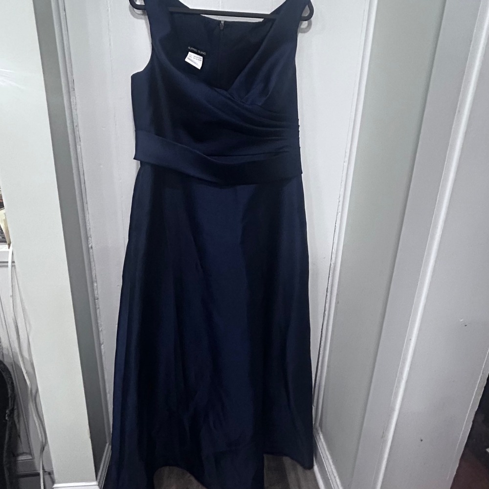 Alfred Sung D811S Midnight Blue Satin V-Neck Formal Gown Dress Womens 18